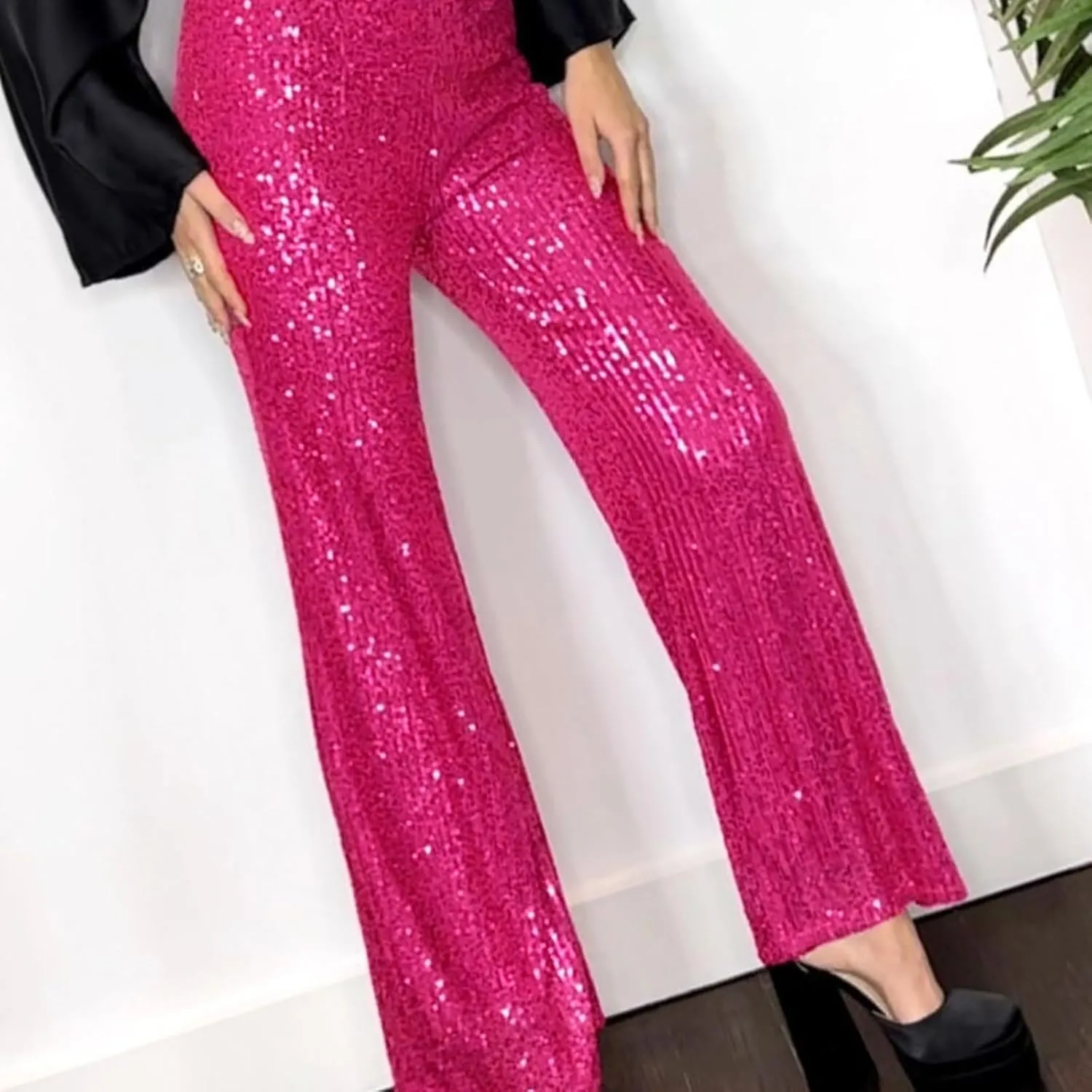 Womens Sequin Flare Pants Women Solid Casual Sequin Pocket Wide Leg Pants Zipper Loose Pants Night Out Clubwear