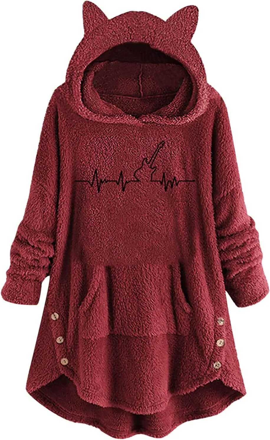 Womens Sherpa Hoodie Cute Cat Ear Dress Casual Pullover with Pocket Guitar Print Oversized Plush Warm Sweatshirts