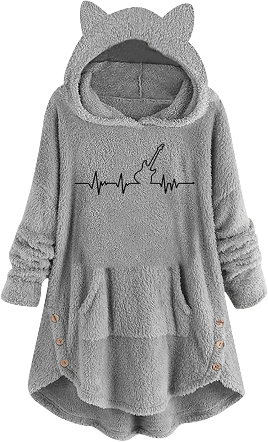 Womens Sherpa Hoodie Cute Cat Ear Dress Casual Pullover with Pocket Guitar Print Oversized Plush Warm Sweatshirts
