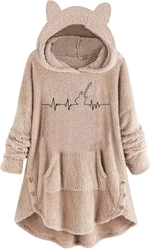 Womens Sherpa Hoodie Cute Cat Ear Dress Casual Pullover with Pocket Guitar Print Oversized Plush Warm Sweatshirts