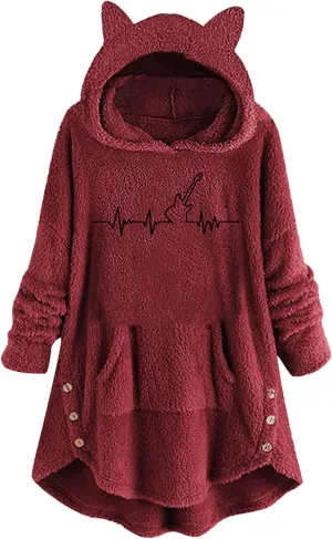 Womens Sherpa Hoodie Cute Cat Ear Dress Casual Pullover with Pocket Guitar Print Oversized Plush Warm Sweatshirts