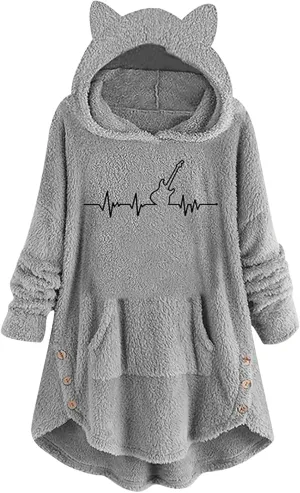 Womens Sherpa Hoodie Cute Cat Ear Dress Casual Pullover with Pocket Guitar Print Oversized Plush Warm Sweatshirts