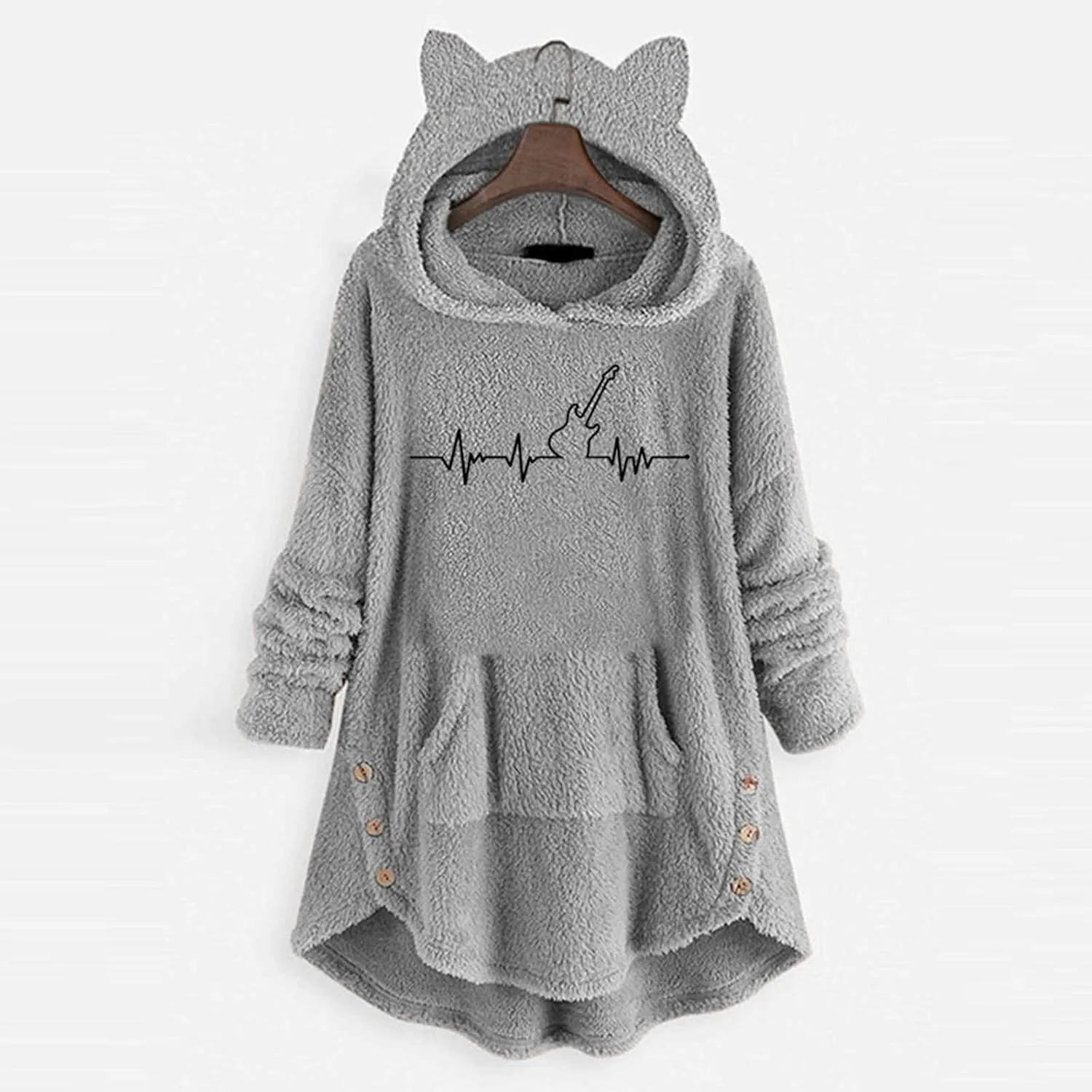 Womens Sherpa Hoodie Cute Cat Ear Dress Casual Pullover with Pocket Guitar Print Oversized Plush Warm Sweatshirts