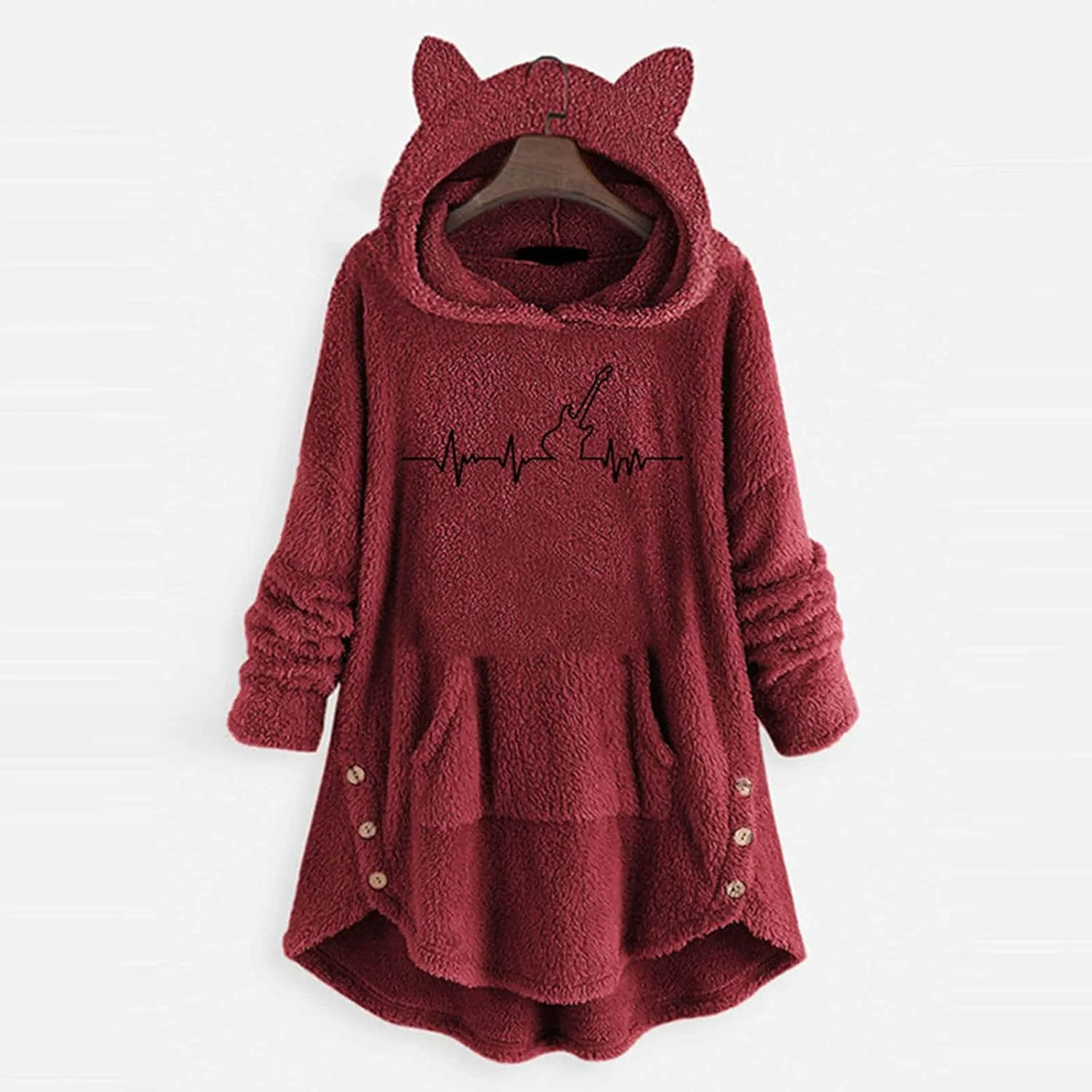 Womens Sherpa Hoodie Cute Cat Ear Dress Casual Pullover with Pocket Guitar Print Oversized Plush Warm Sweatshirts