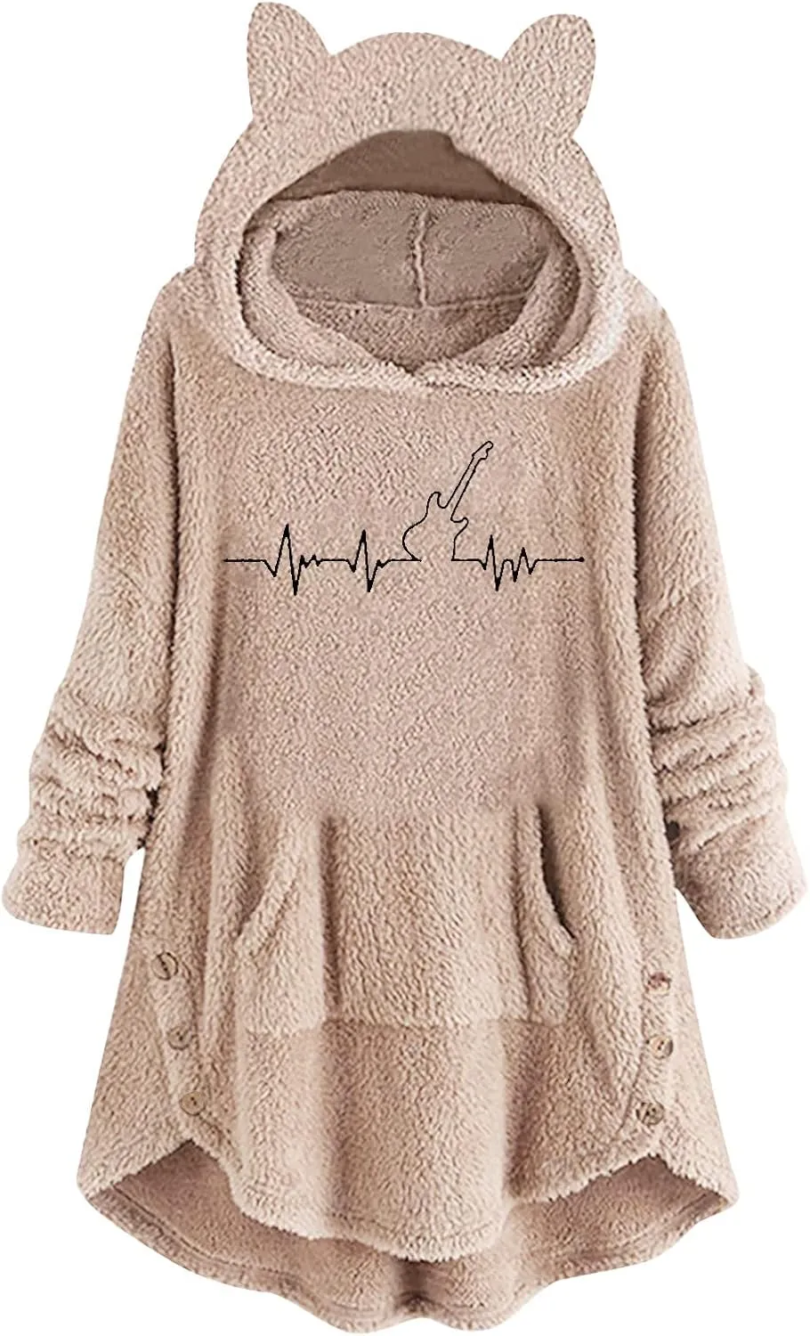 Womens Sherpa Hoodie Cute Cat Ear Dress Casual Pullover with Pocket Guitar Print Oversized Plush Warm Sweatshirts