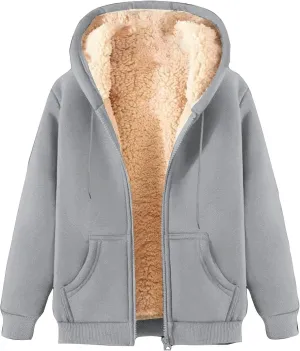 Women's Sherpa Lined Fleece Hooded Sweatshirts Long Sleeve Full Zipper Pullover Fashion Warm Sweatshirt