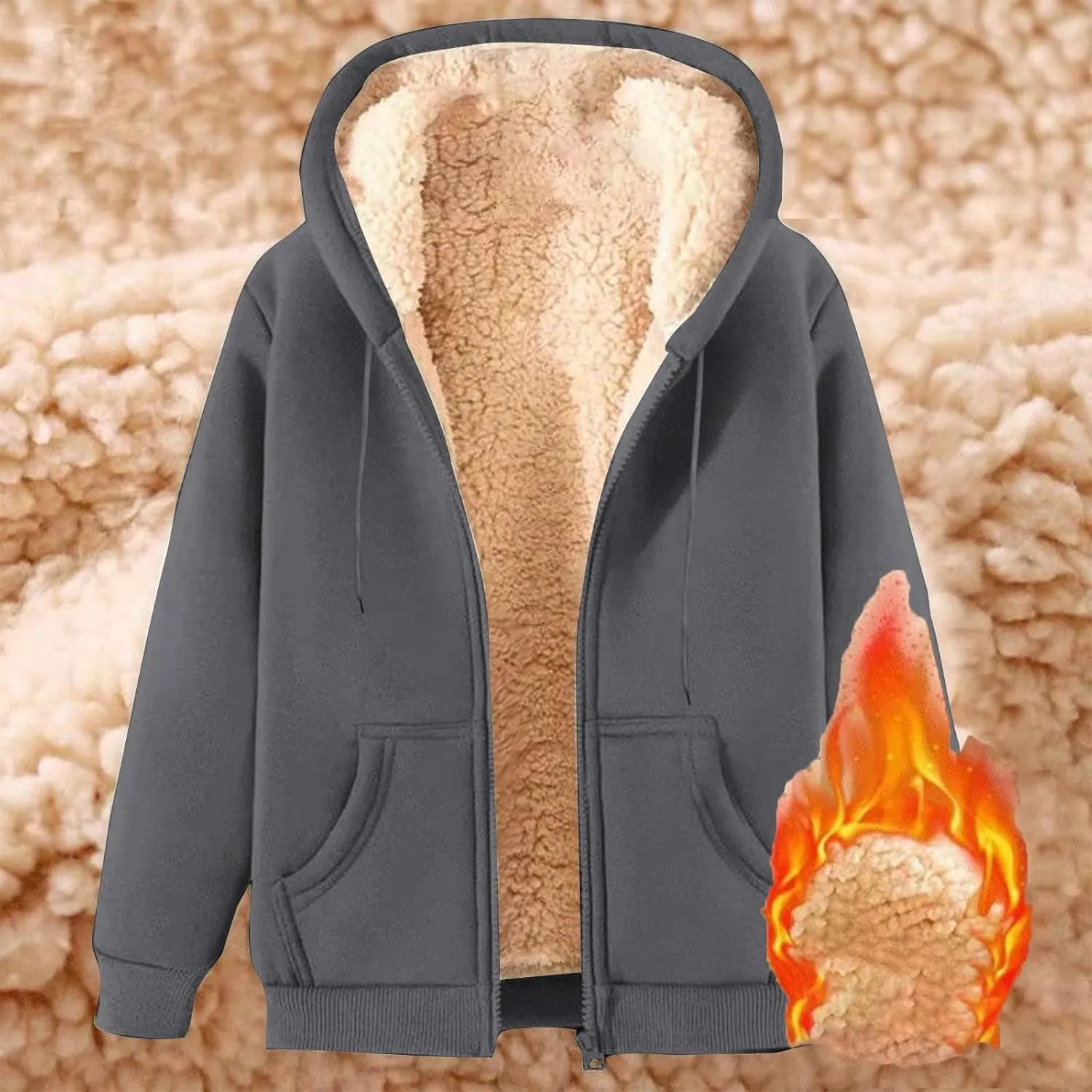 Women's Sherpa Lined Fleece Hooded Sweatshirts Long Sleeve Full Zipper Pullover Fashion Warm Sweatshirt
