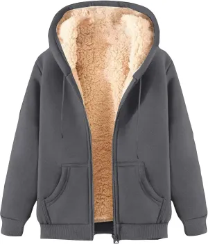 Women's Sherpa Lined Fleece Hooded Sweatshirts Long Sleeve Full Zipper Pullover Fashion Warm Sweatshirt