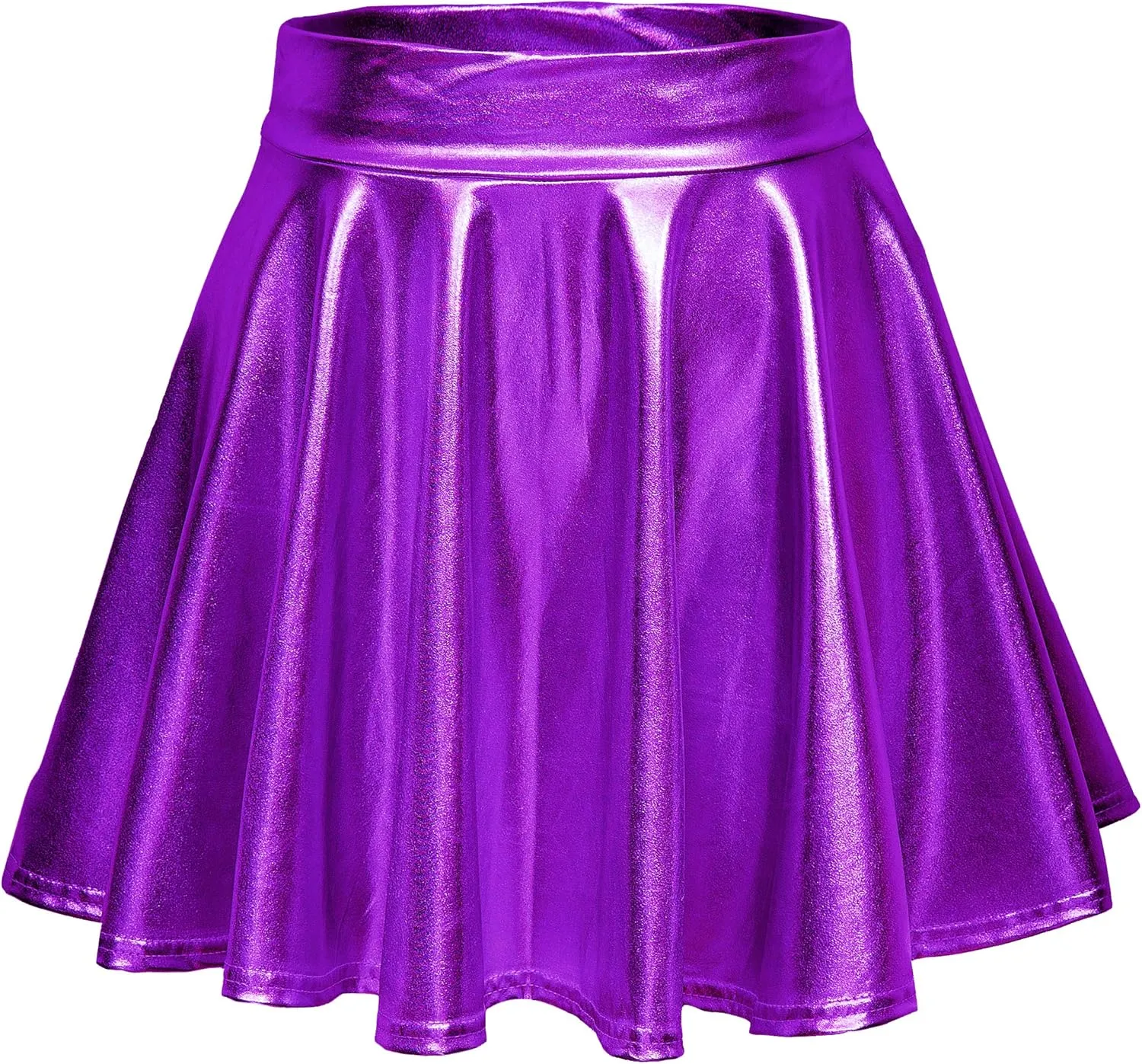Women's Shiny Metallic Wet Look Stretchy Flared Mini Skater Skirt