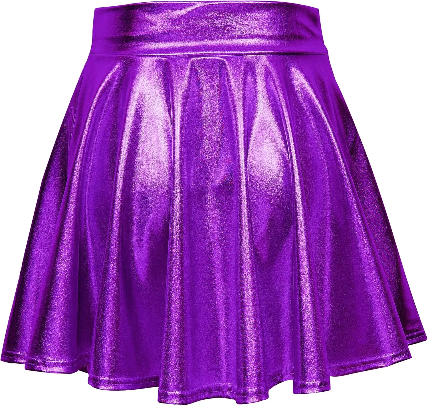 Women's Shiny Metallic Wet Look Stretchy Flared Mini Skater Skirt