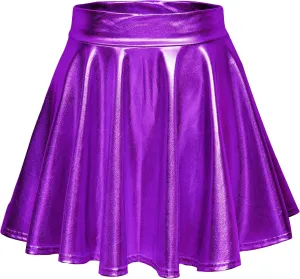 Women's Shiny Metallic Wet Look Stretchy Flared Mini Skater Skirt