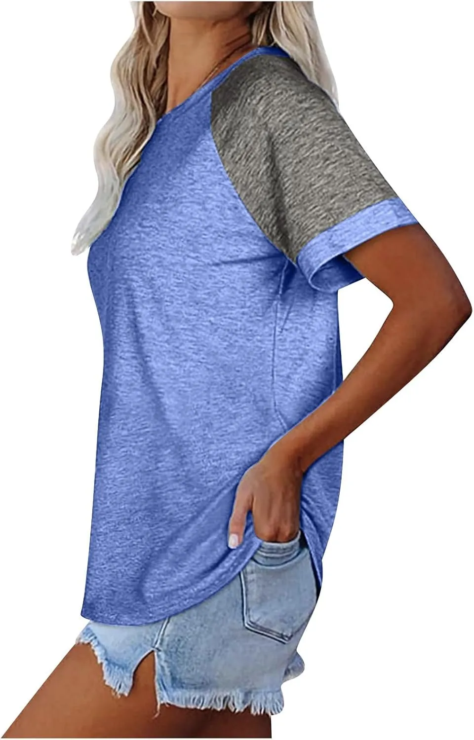 Women's Short Raglan Sleeve T-Shirts Trendy Casual Color Block Crewneck Tops Daily Outdoor Loose Fit Spring Shirts