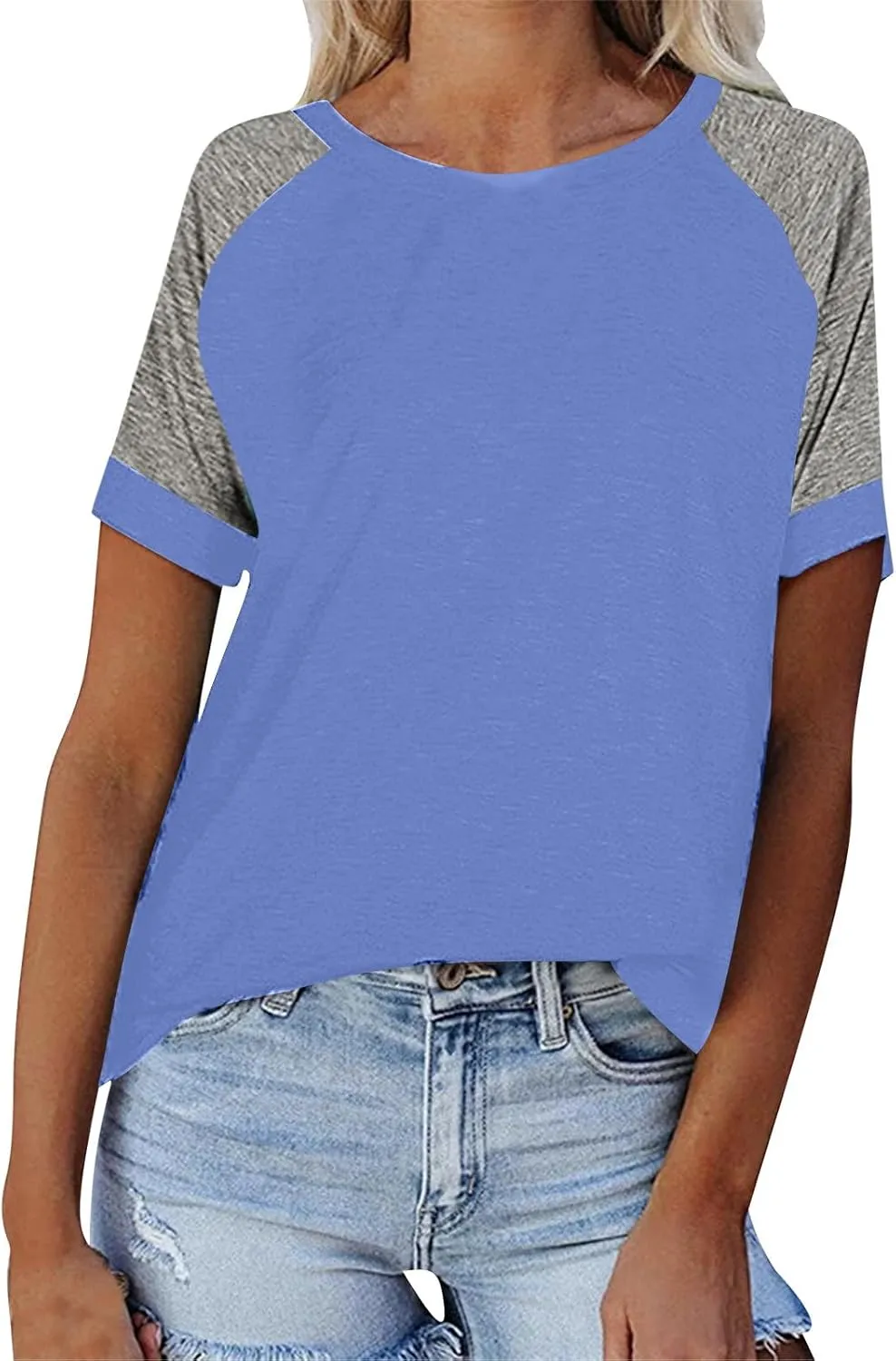 Women's Short Raglan Sleeve T-Shirts Trendy Casual Color Block Crewneck Tops Daily Outdoor Loose Fit Spring Shirts