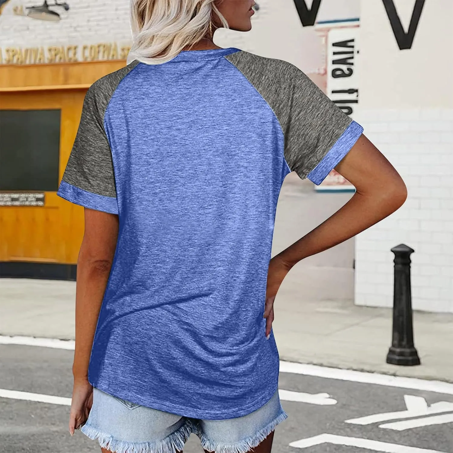 Women's Short Raglan Sleeve T-Shirts Trendy Casual Color Block Crewneck Tops Daily Outdoor Loose Fit Spring Shirts