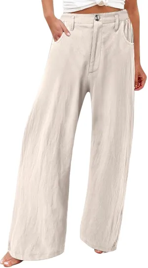 Women's Summer Linen Palazzo Pants Casual Lightweight Straight Wide Leg Trousers Elastic Band Plain Joggers Comfy Yoga Pants