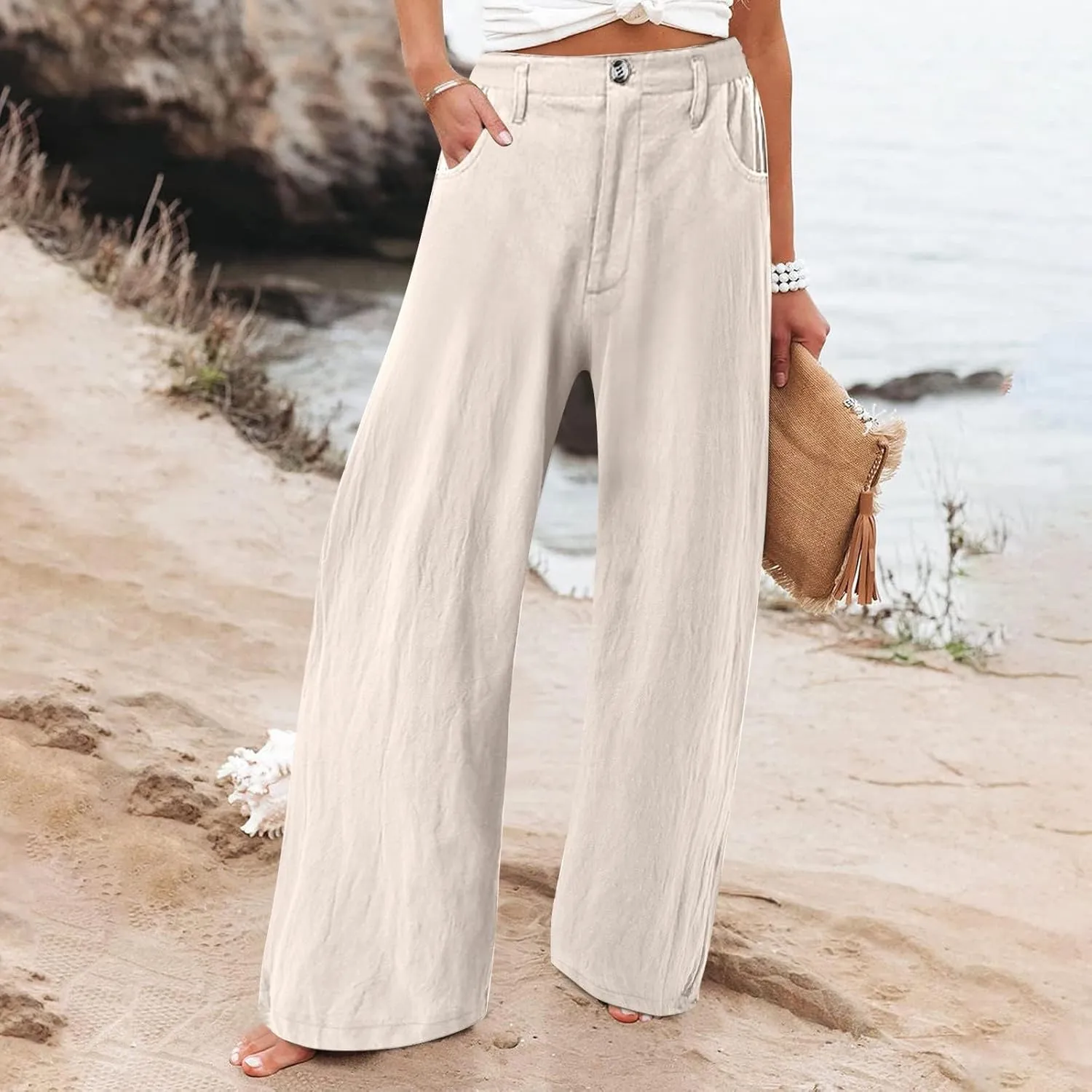 Women's Summer Linen Palazzo Pants Casual Lightweight Straight Wide Leg Trousers Elastic Band Plain Joggers Comfy Yoga Pants