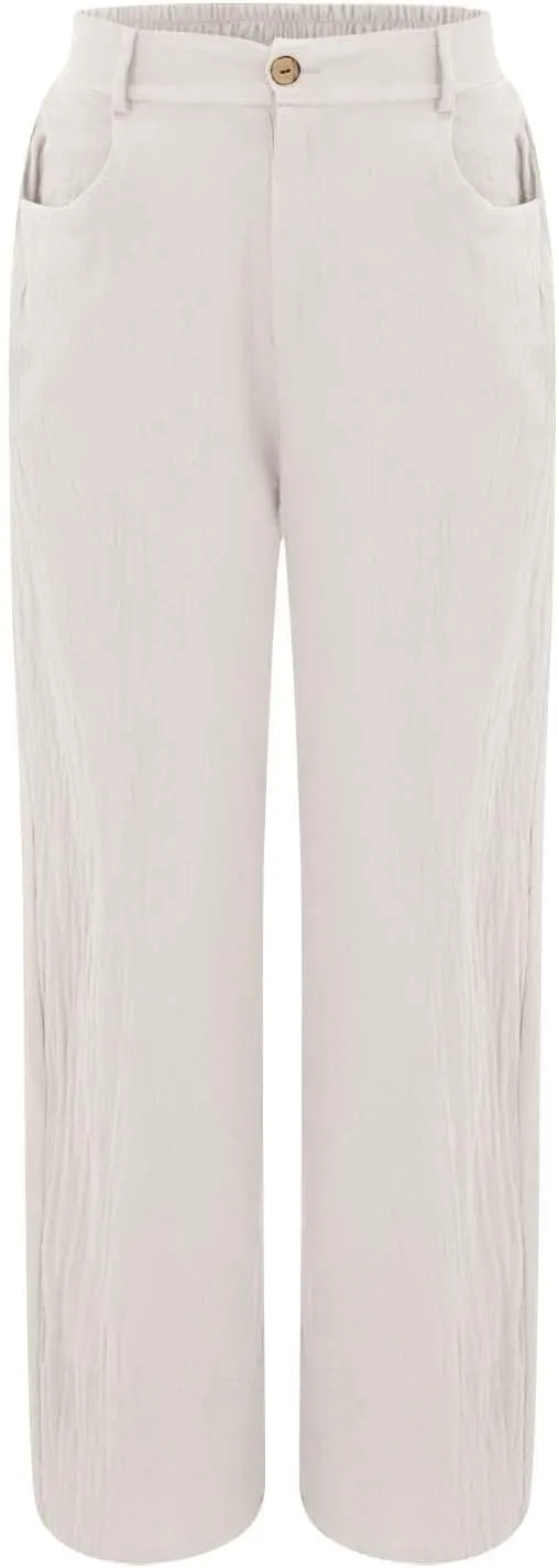 Women's Summer Linen Palazzo Pants Casual Lightweight Straight Wide Leg Trousers Elastic Band Plain Joggers Comfy Yoga Pants