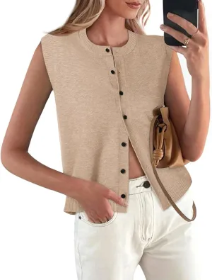 Womens Sweater Vest Summer Crewneck Button Down Tank Tops 2025 Trendy Sleeveless Knit Cardigan Crop Tops