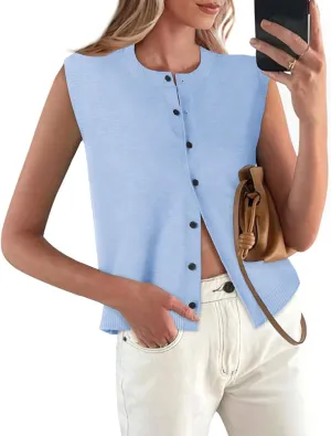 Womens Sweater Vest Summer Crewneck Button Down Tank Tops 2025 Trendy Sleeveless Knit Cardigan Crop Tops