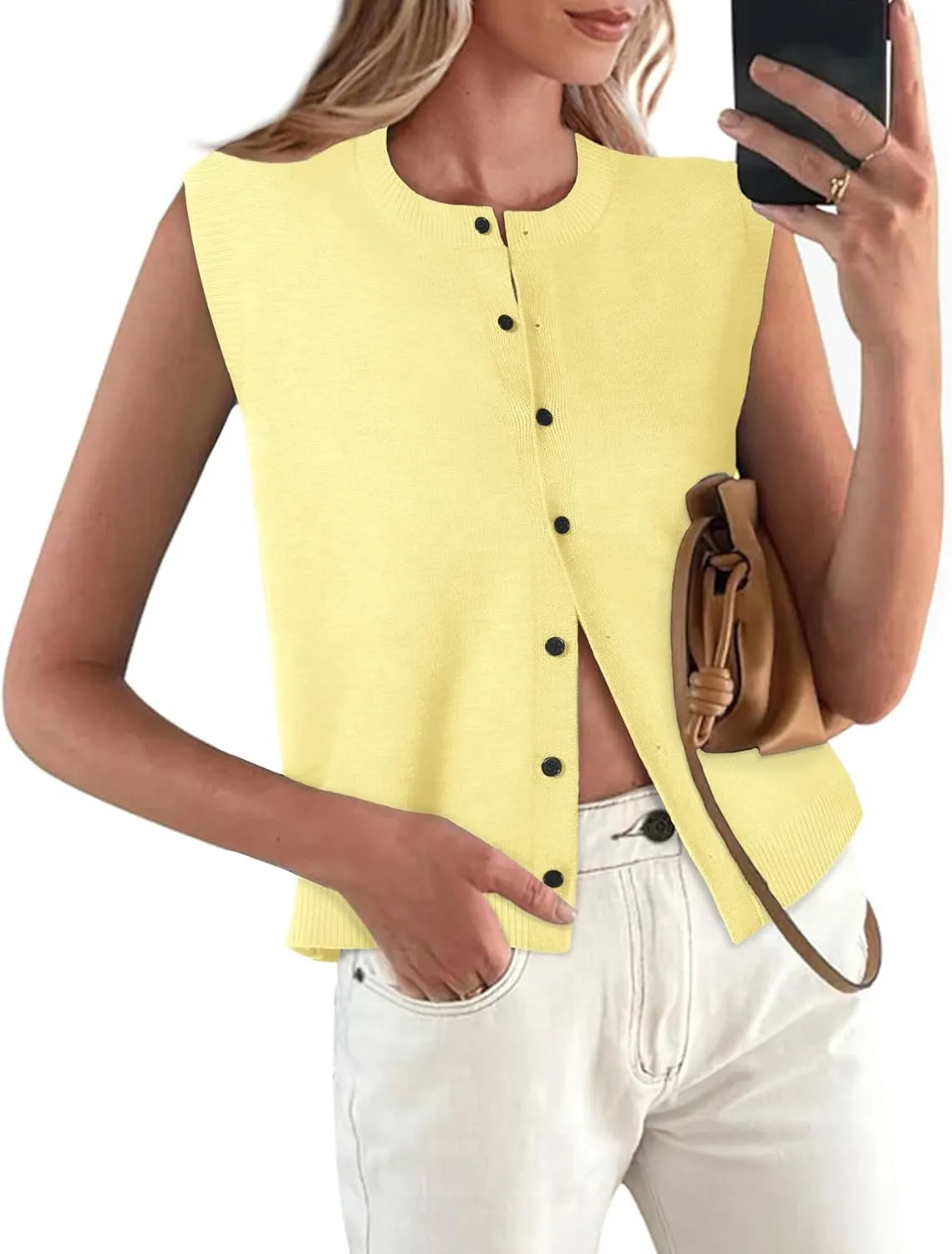 Womens Sweater Vest Summer Crewneck Button Down Tank Tops 2025 Trendy Sleeveless Knit Cardigan Crop Tops