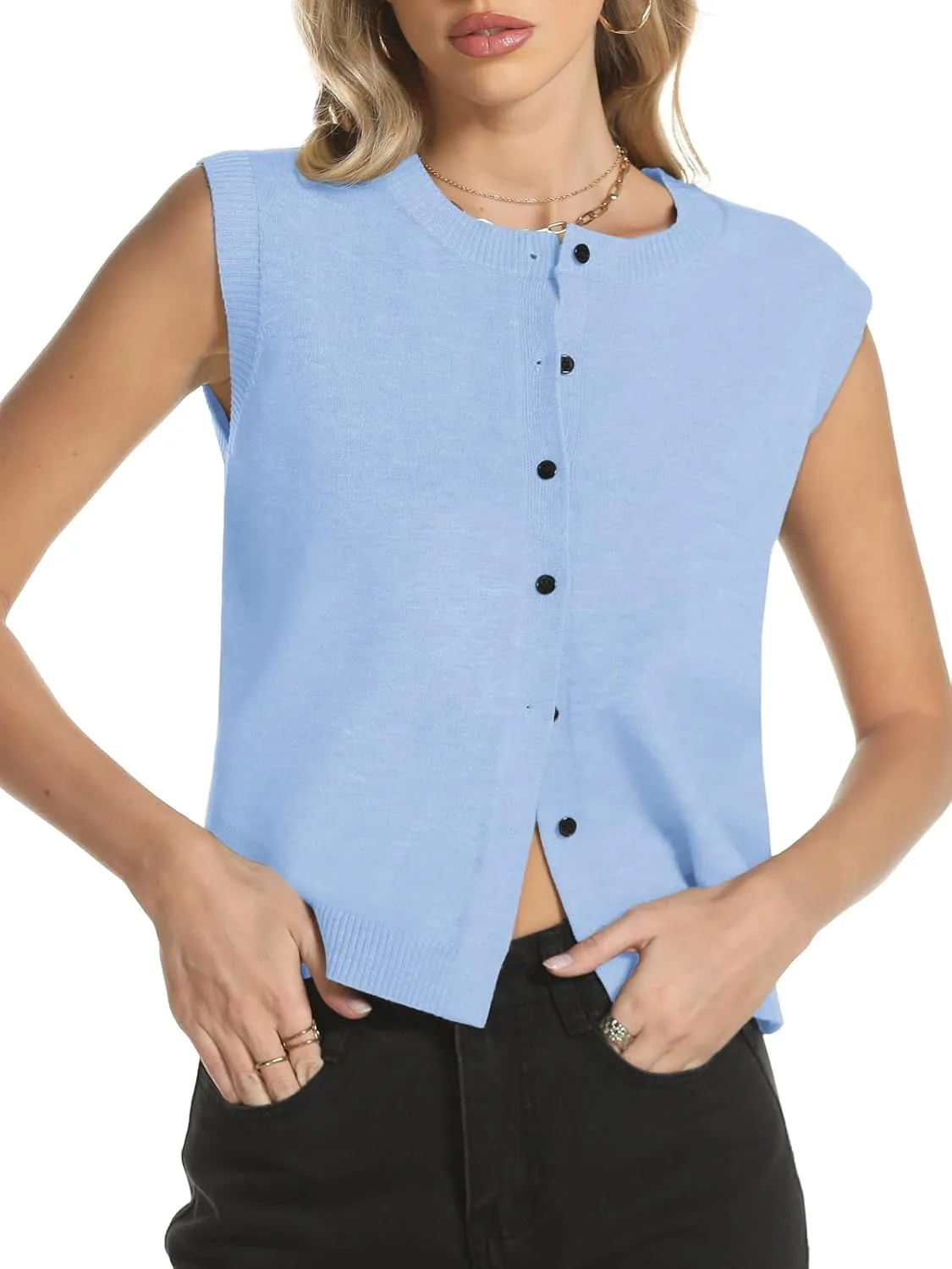 Womens Sweater Vest Summer Crewneck Button Down Tank Tops 2025 Trendy Sleeveless Knit Cardigan Crop Tops