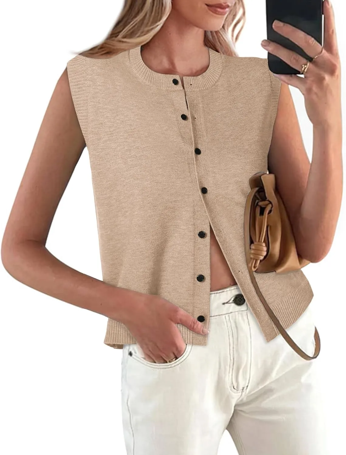 Womens Sweater Vest Summer Crewneck Button Down Tank Tops 2025 Trendy Sleeveless Knit Cardigan Crop Tops