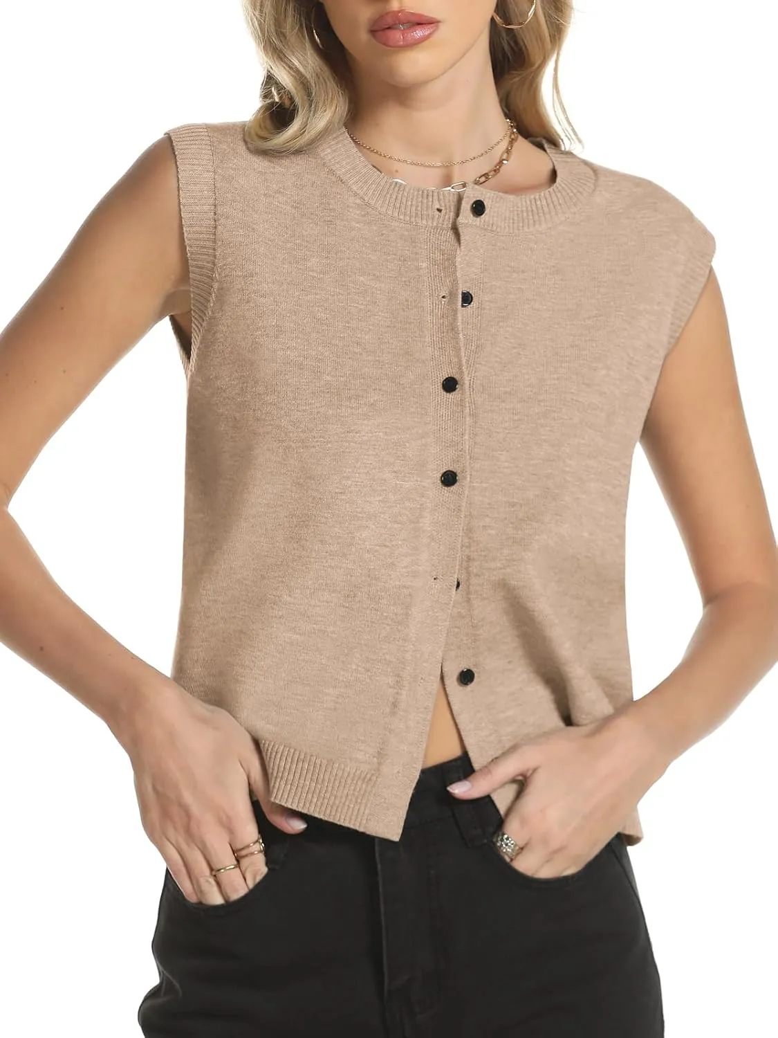 Womens Sweater Vest Summer Crewneck Button Down Tank Tops 2025 Trendy Sleeveless Knit Cardigan Crop Tops