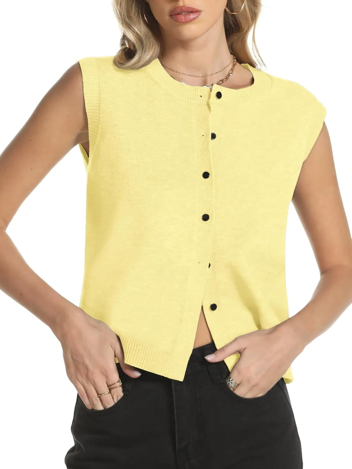 Womens Sweater Vest Summer Crewneck Button Down Tank Tops 2025 Trendy Sleeveless Knit Cardigan Crop Tops