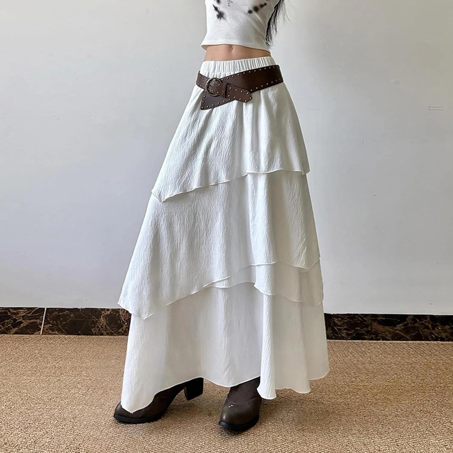 Women's Tiered Long Skirt Summer Cacation A Line Maxi Skirts Low Waist Ruffle Bohho Skirt