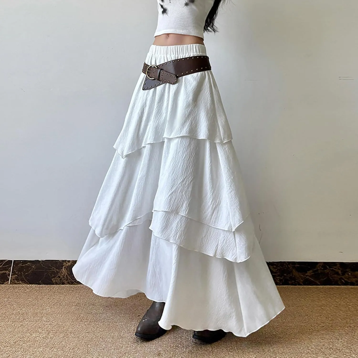 Women's Tiered Long Skirt Summer Cacation A Line Maxi Skirts Low Waist Ruffle Bohho Skirt