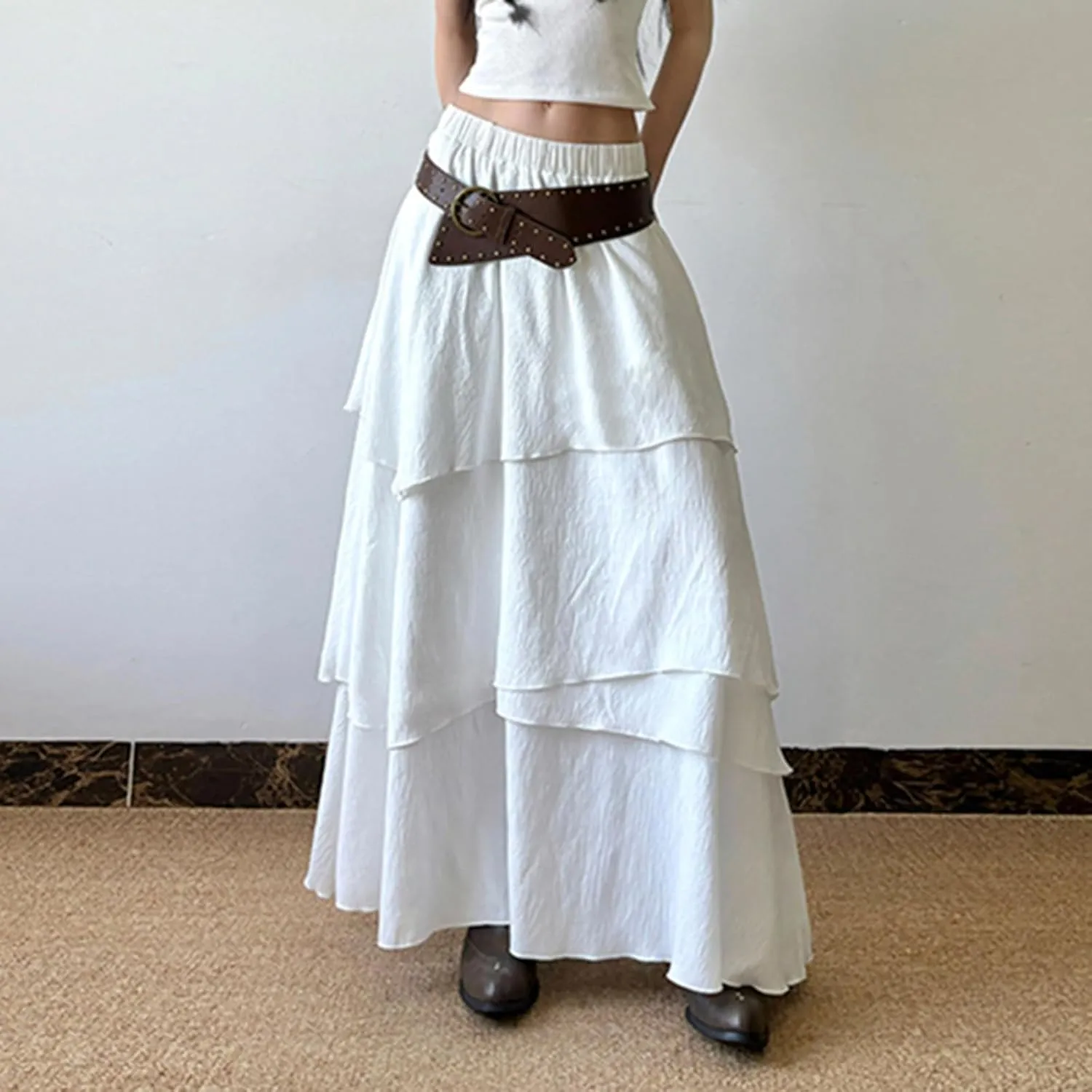 Women's Tiered Long Skirt Summer Cacation A Line Maxi Skirts Low Waist Ruffle Bohho Skirt