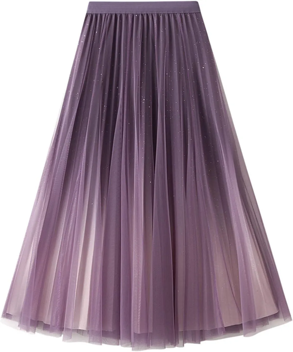 Women's Tulle Skirt Gradient Color Ruffles Pleated Midi Skirts Elastic Waist Maxi Skirt