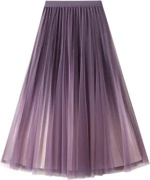 Women's Tulle Skirt Gradient Color Ruffles Pleated Midi Skirts Elastic Waist Maxi Skirt