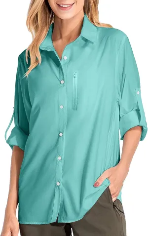 Women's UPF 50 Long Sleeve UV Sun Protection Safari Shirts Outdoor Quick Dry Sun Shirt Fishing Hiking Travel Shirts