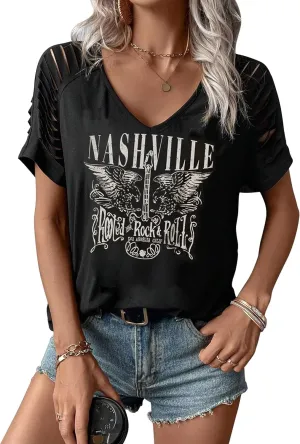 Womens Vintage Rock Music Shirts Sexy V Neck Tee Tops for Women Summer Casual Loose Fit Short Sleeve T Shirts