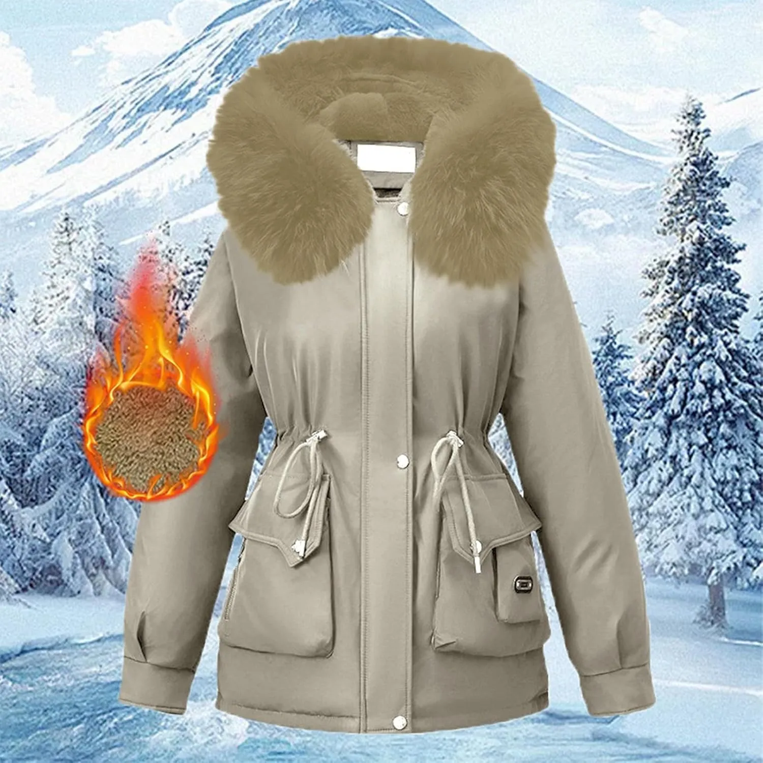 Womens Winter Thick Coat Plus Size Sherpa Lined Fur Hooded Waterproof Drawstring Waist Jacket Warm Long Puffer Jacket
