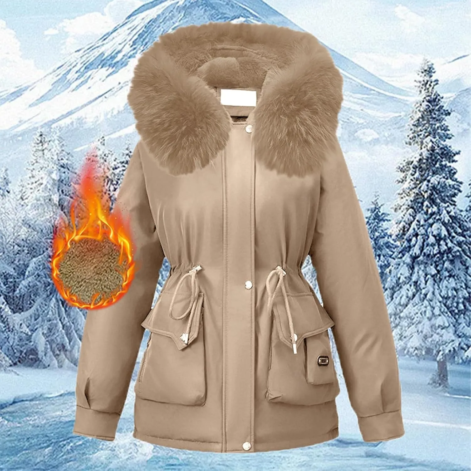 Womens Winter Thick Coat Plus Size Sherpa Lined Fur Hooded Waterproof Drawstring Waist Jacket Warm Long Puffer Jacket