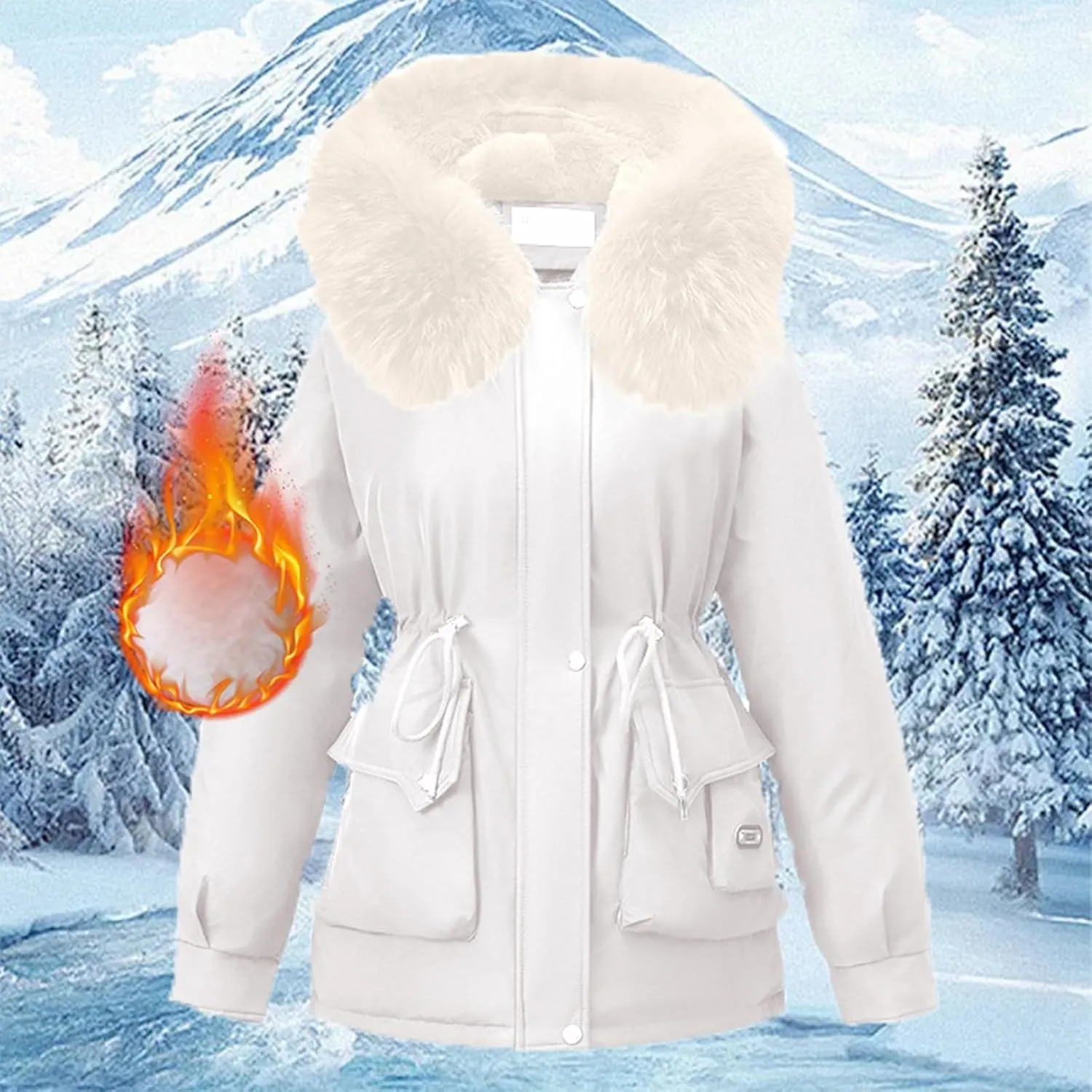 Womens Winter Thick Coat Plus Size Sherpa Lined Fur Hooded Waterproof Drawstring Waist Jacket Warm Long Puffer Jacket
