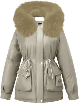 Womens Winter Thick Coat Plus Size Sherpa Lined Fur Hooded Waterproof Drawstring Waist Jacket Warm Long Puffer Jacket