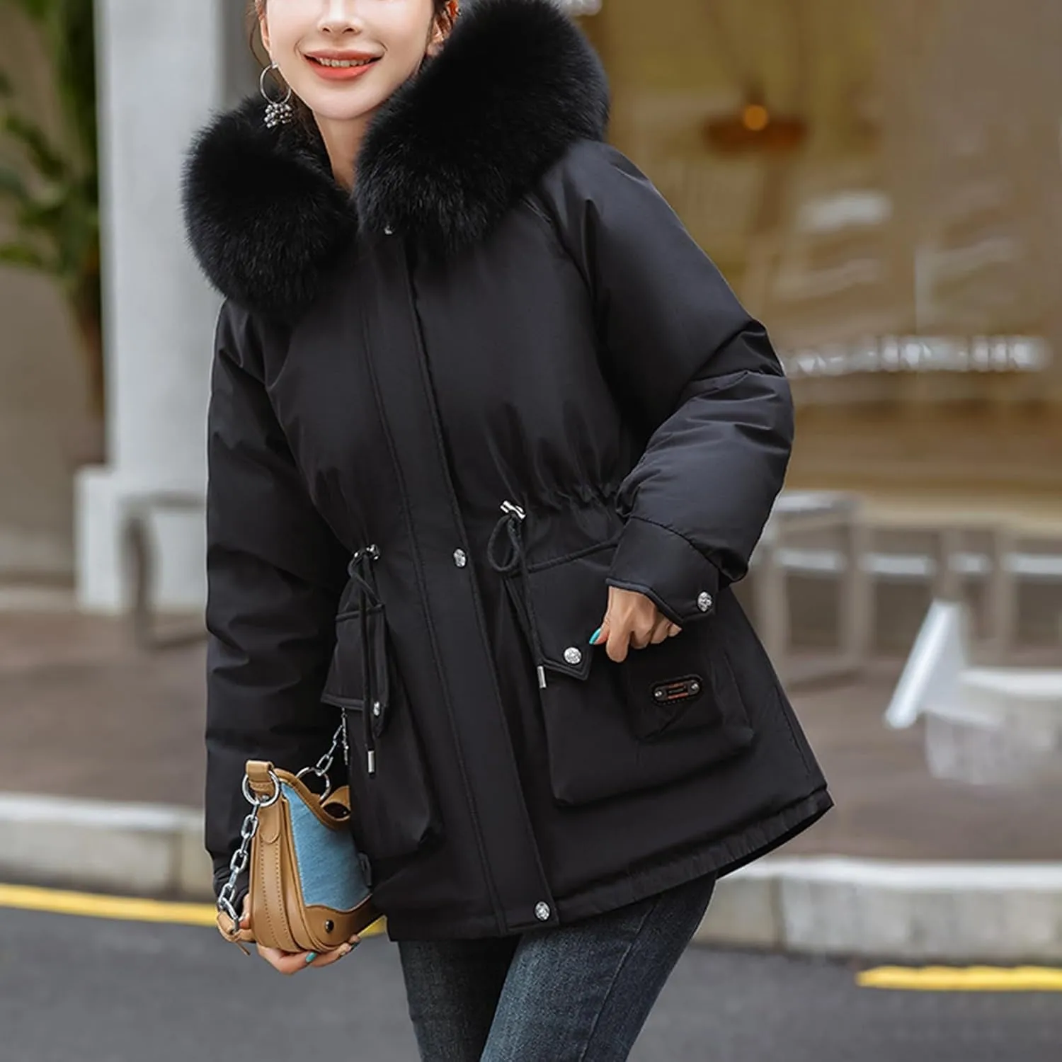 Womens Winter Thick Coat Plus Size Sherpa Lined Fur Hooded Waterproof Drawstring Waist Jacket Warm Long Puffer Jacket