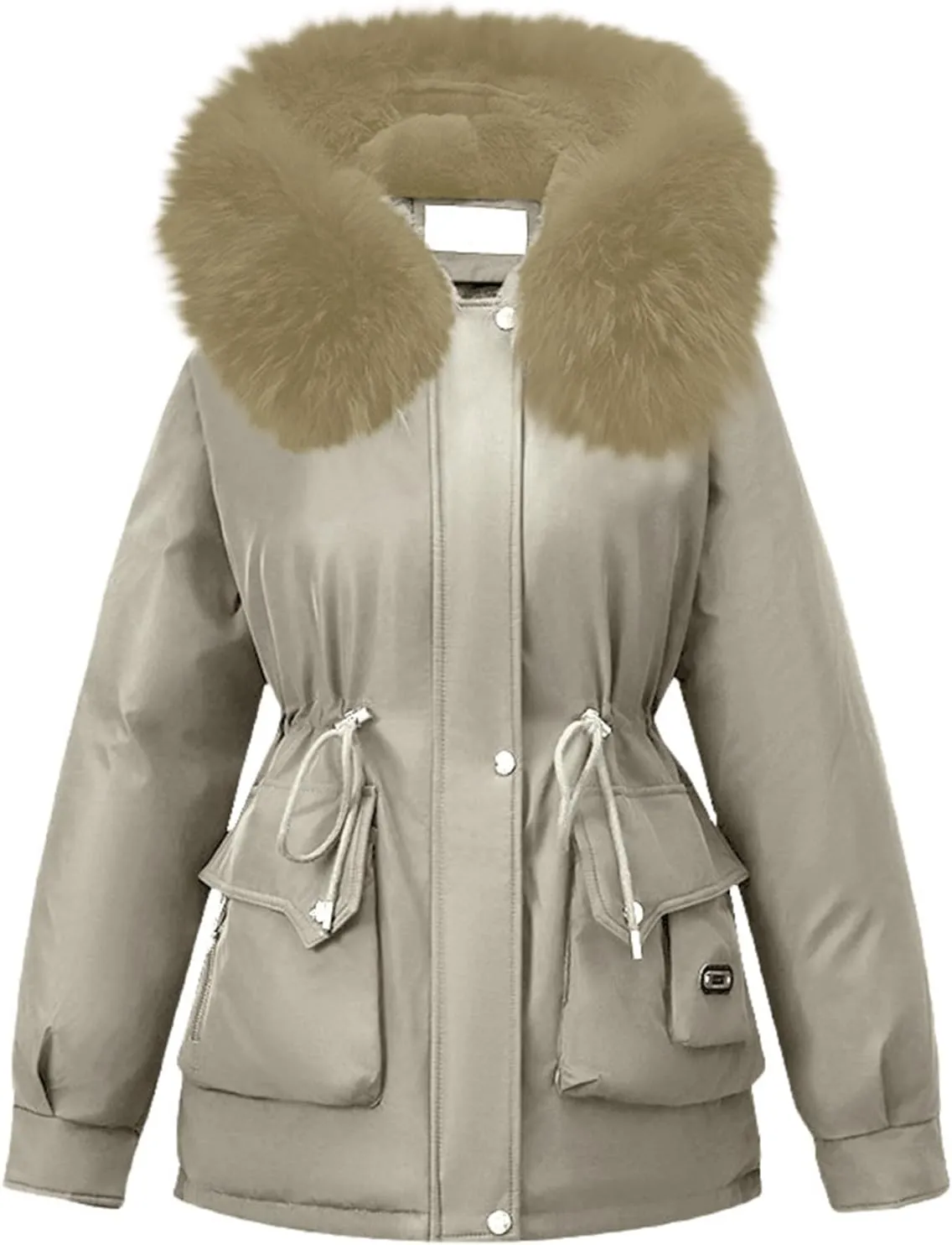 Womens Winter Thick Coat Plus Size Sherpa Lined Fur Hooded Waterproof Drawstring Waist Jacket Warm Long Puffer Jacket