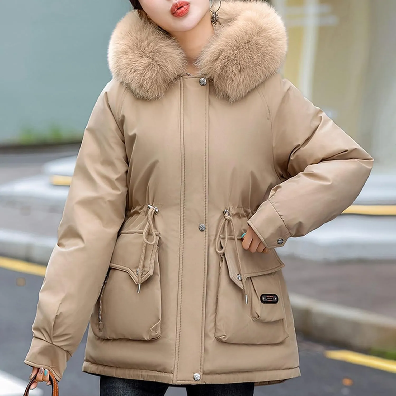 Womens Winter Thick Coat Plus Size Sherpa Lined Fur Hooded Waterproof Drawstring Waist Jacket Warm Long Puffer Jacket