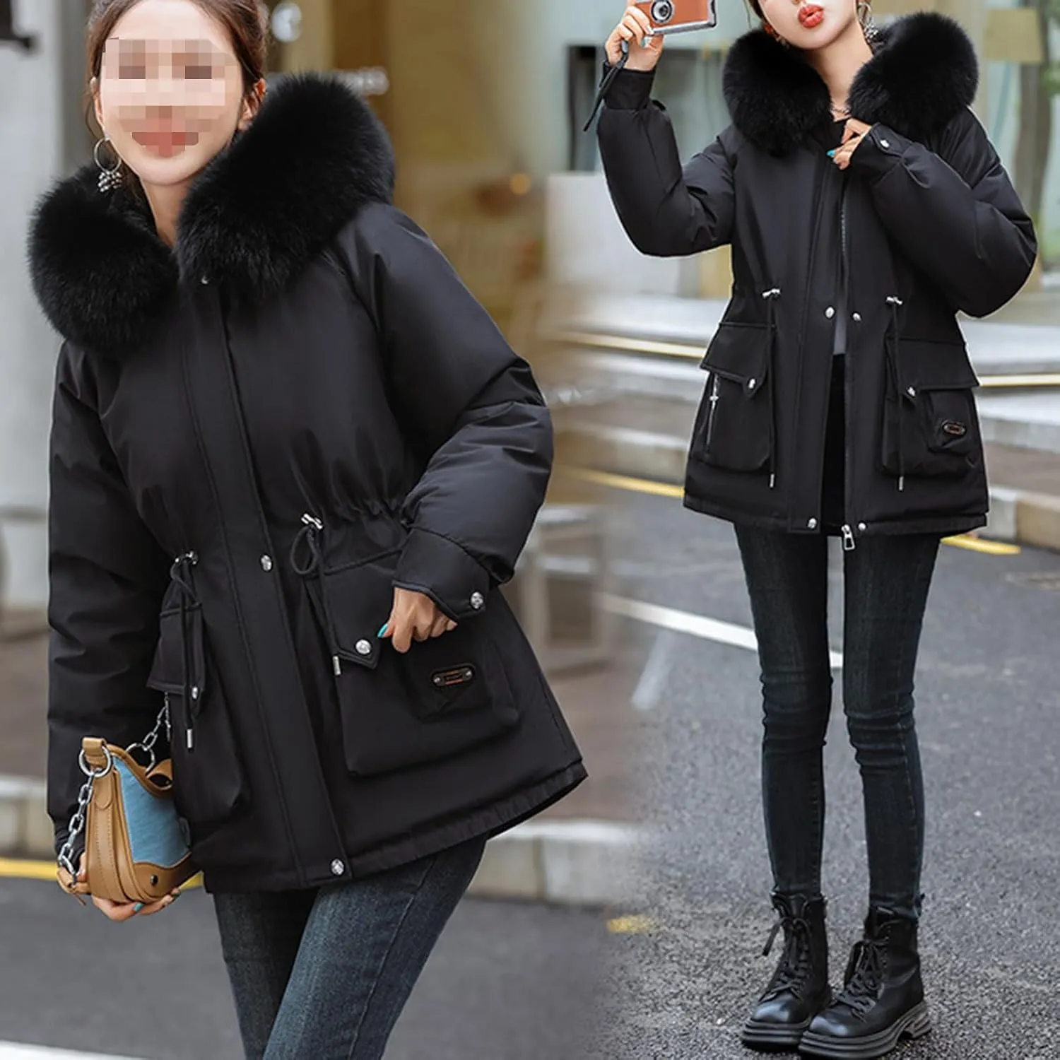 Womens Winter Thick Coat Plus Size Sherpa Lined Fur Hooded Waterproof Drawstring Waist Jacket Warm Long Puffer Jacket