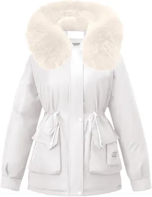 Womens Winter Thick Coat Plus Size Sherpa Lined Fur Hooded Waterproof Drawstring Waist Jacket Warm Long Puffer Jacket