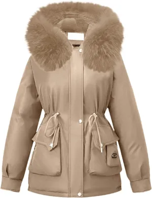 Womens Winter Thick Coat Plus Size Sherpa Lined Fur Hooded Waterproof Drawstring Waist Jacket Warm Long Puffer Jacket