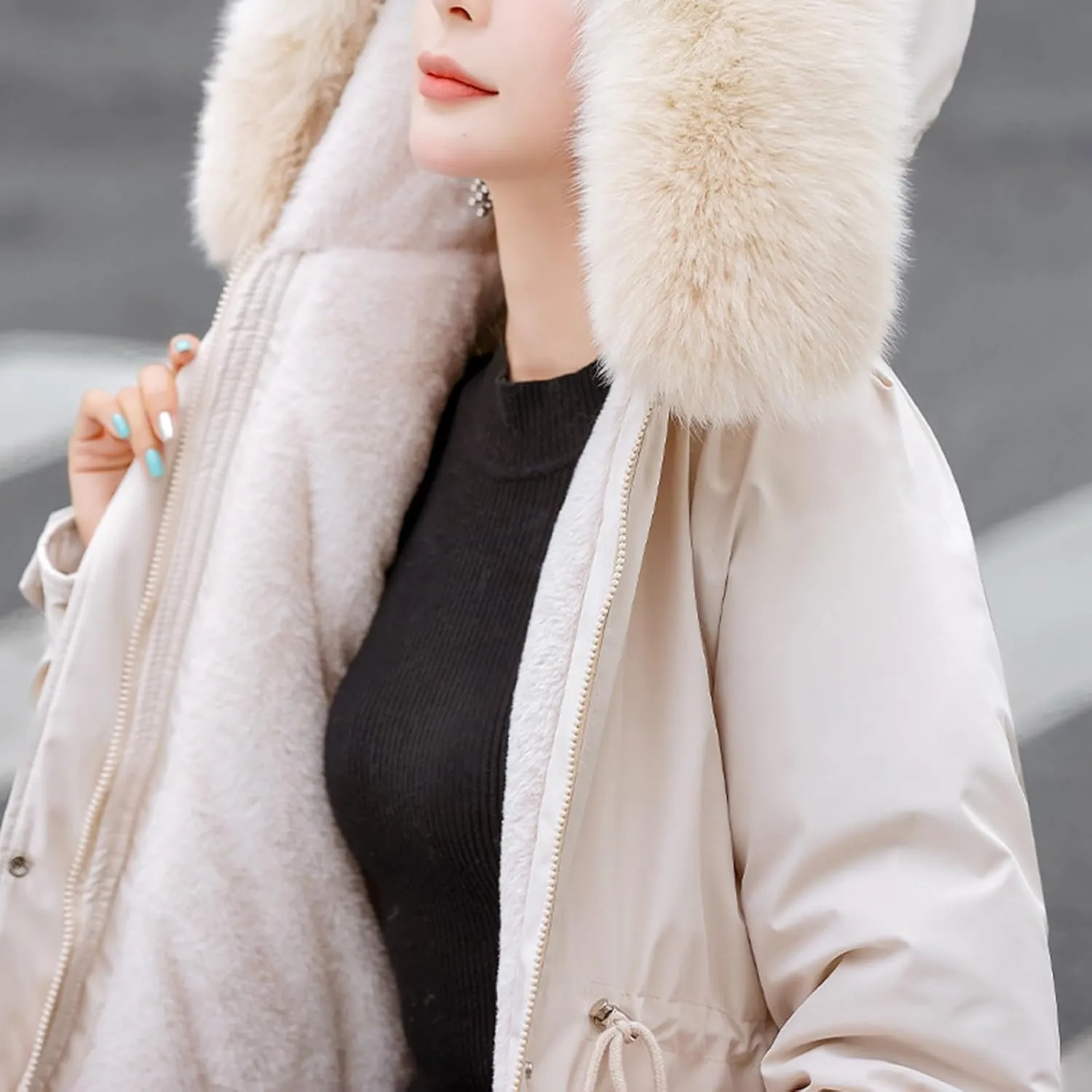 Womens Winter Thick Coat Plus Size Sherpa Lined Fur Hooded Waterproof Drawstring Waist Jacket Warm Long Puffer Jacket
