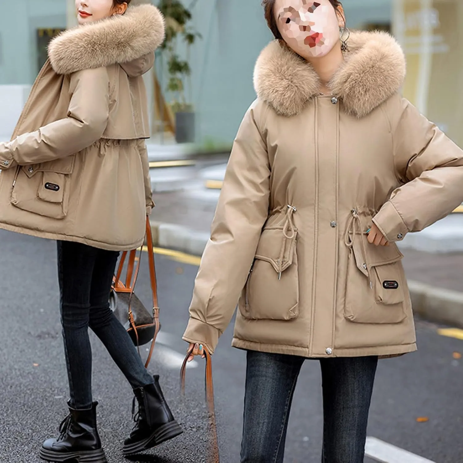 Womens Winter Thick Coat Plus Size Sherpa Lined Fur Hooded Waterproof Drawstring Waist Jacket Warm Long Puffer Jacket