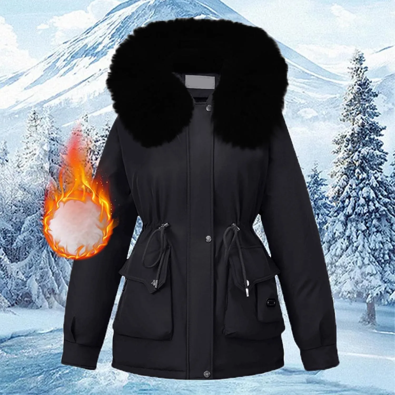 Womens Winter Thick Coat Plus Size Sherpa Lined Fur Hooded Waterproof Drawstring Waist Jacket Warm Long Puffer Jacket