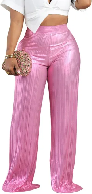 Yuopeid Women's Fashion Shiny High Waist Party Trouser Elastic Palazzo Shimmer Wide Leg Night Club Pant