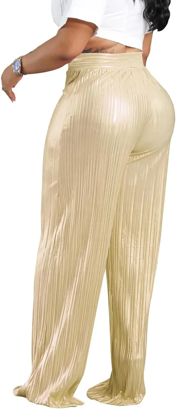 Yuopeid Women's Fashion Shiny High Waist Party Trouser Elastic Palazzo Shimmer Wide Leg Night Club Pant